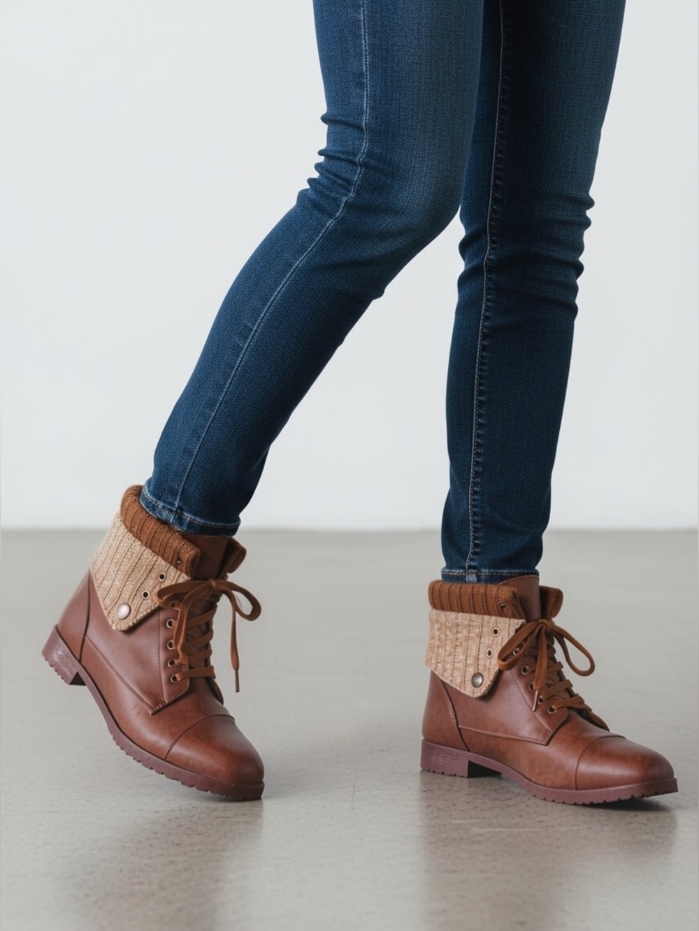Free Reign Women’s Ankle Boots Brown Lace Up Sweater Knit Cuff Booties Size 6